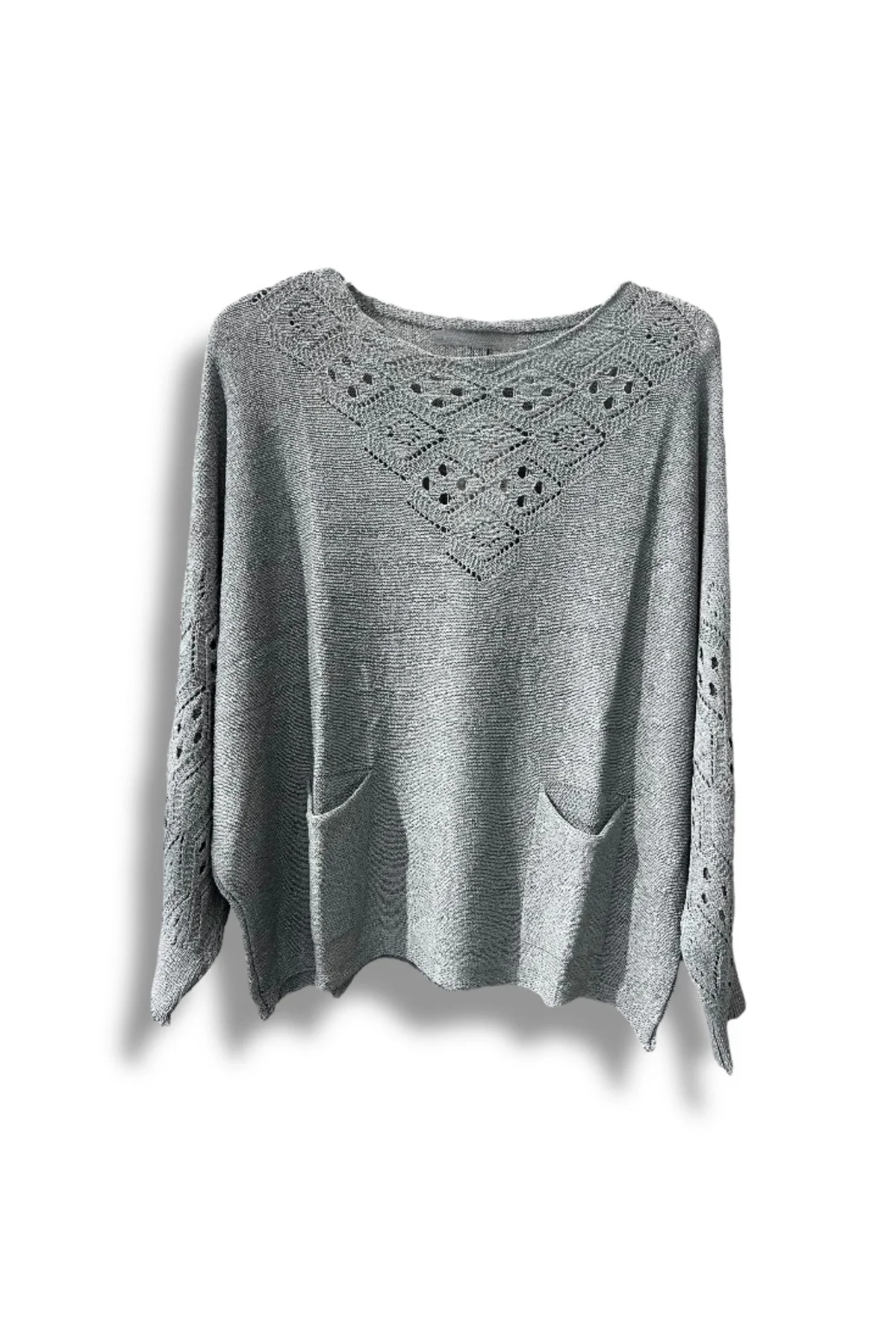 Oversize Merserize Triko Cepli ve Ajurlu Tasarım Bluz- 38-52 Beden Arası Uyumlu