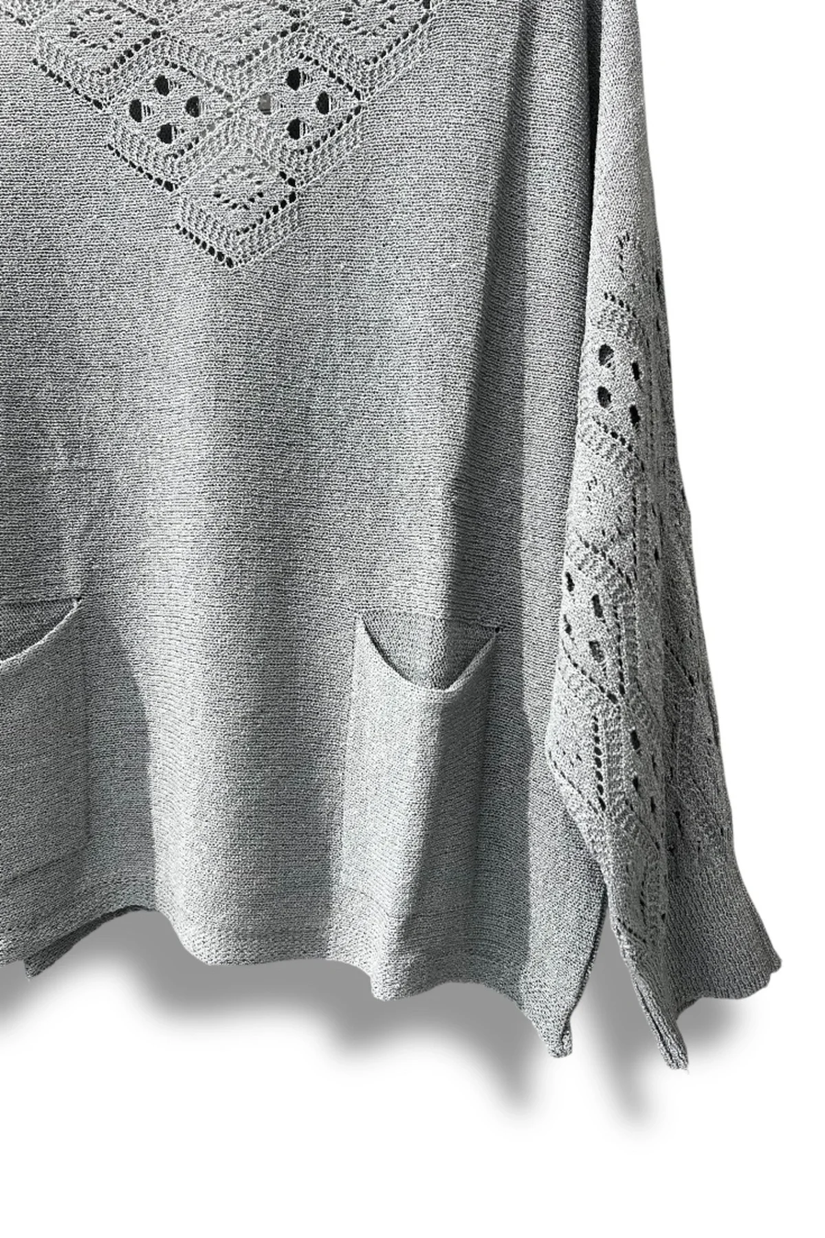 Oversize Merserize Triko Cepli ve Ajurlu Tasarım Bluz- 38-52 Beden Arası Uyumlu