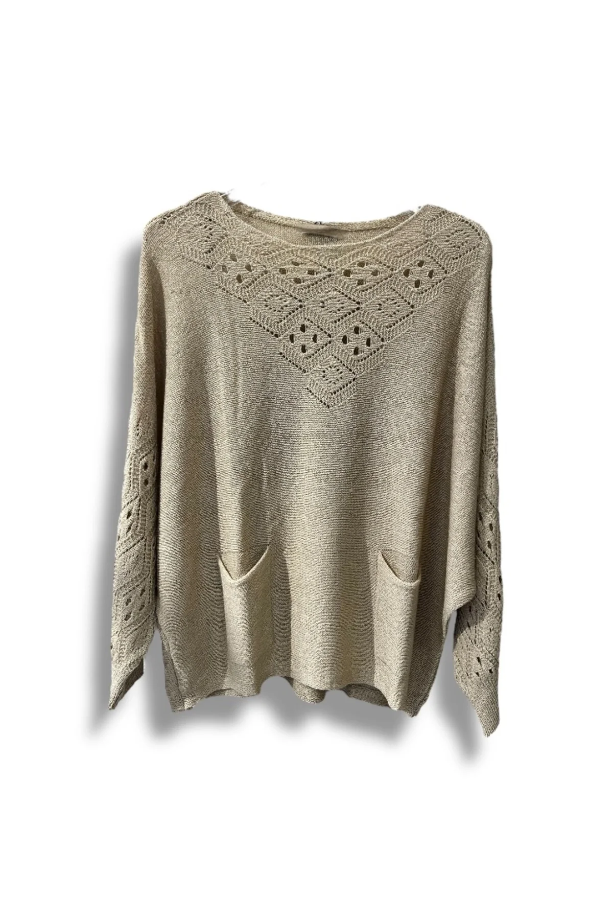 Oversize Merserize Triko Cepli ve Ajurlu Tasarım Bluz- 38-52 Beden Arası Uyumlu