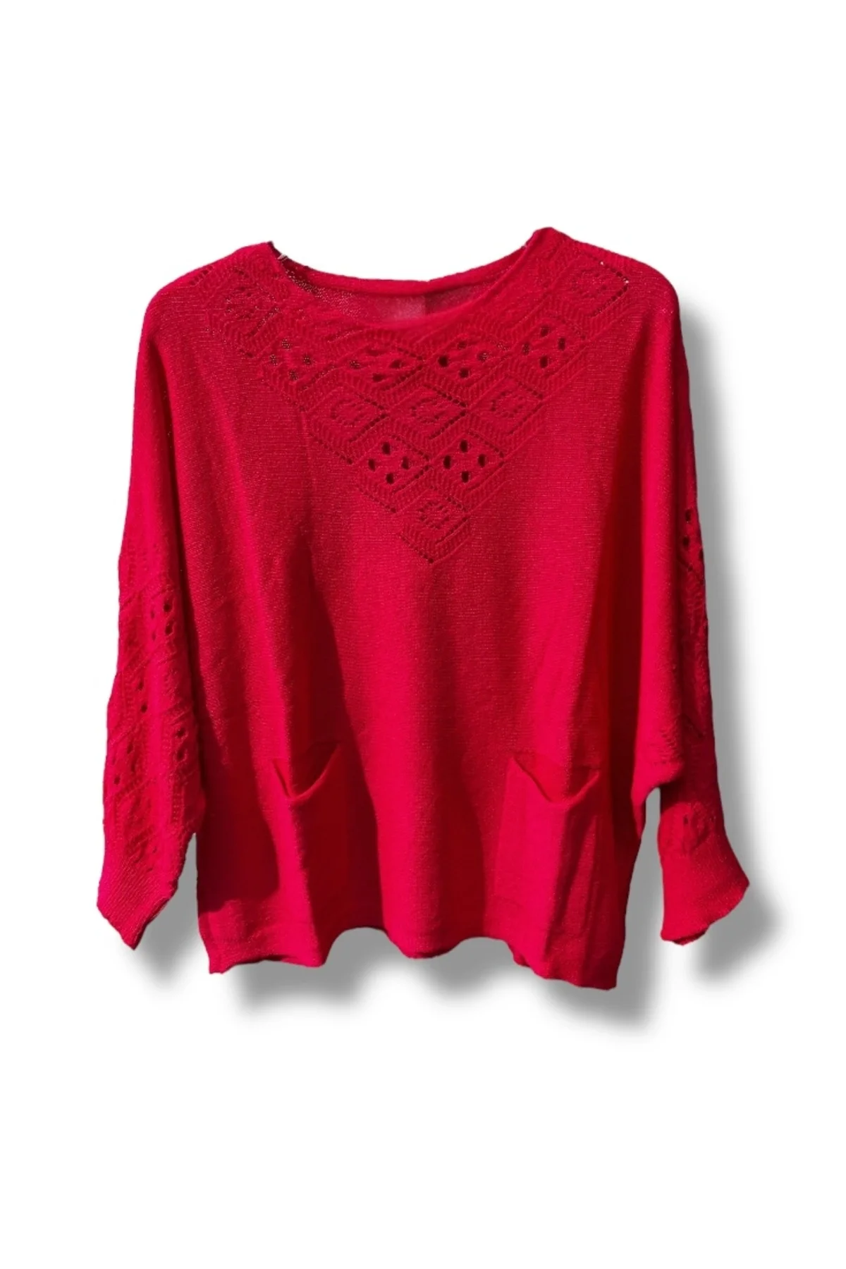 Oversize Merserize Triko Cepli ve Ajurlu Tasarım Bluz (38-52 uyumlu)