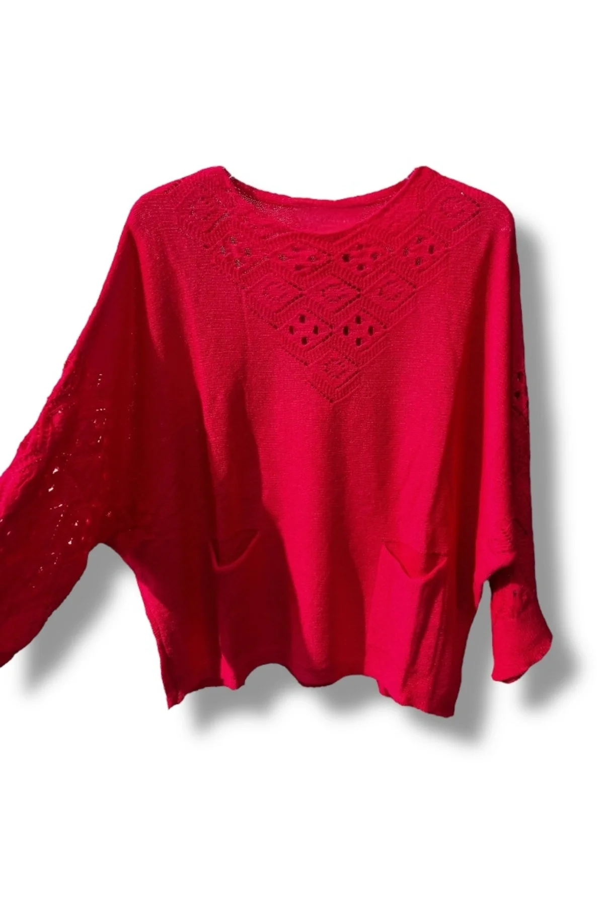 Oversize Merserize Triko Cepli ve Ajurlu Tasarım Bluz (38-52 uyumlu)