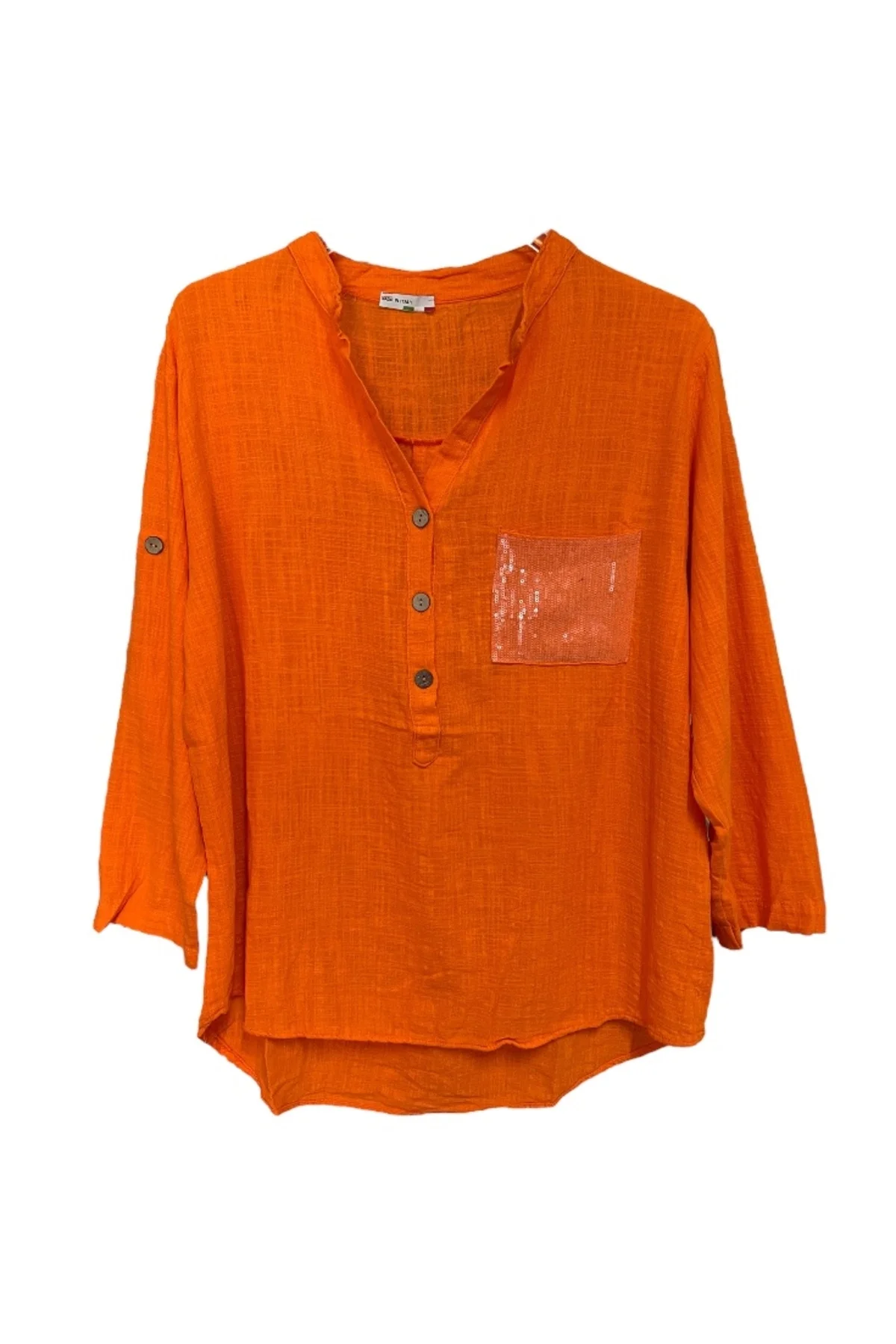 %100 Organik Pamuk Yıkamalı - Payet Cepli Rahat Kalıp Kadın Bluz