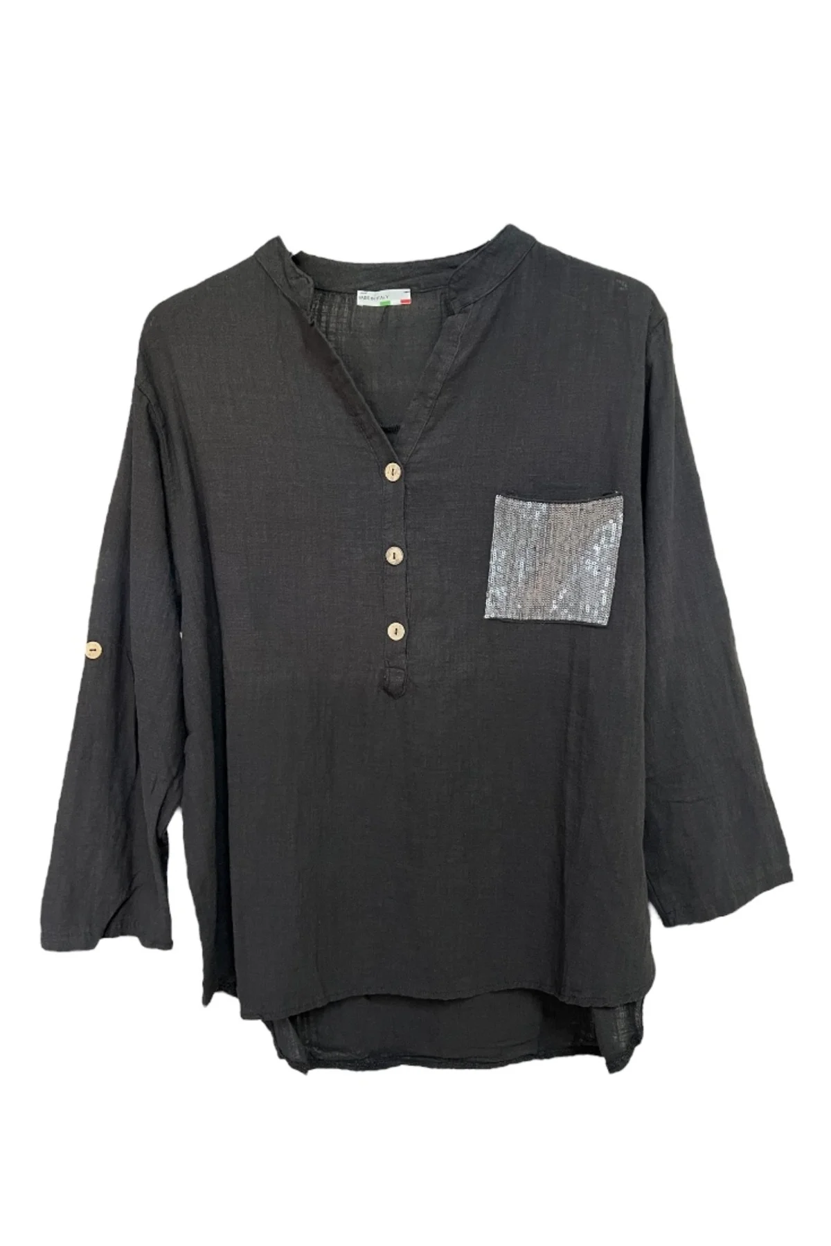 %100 Organik Pamuk Yıkamalı - Payet Cepli Rahat Kalıp Kadın Bluz