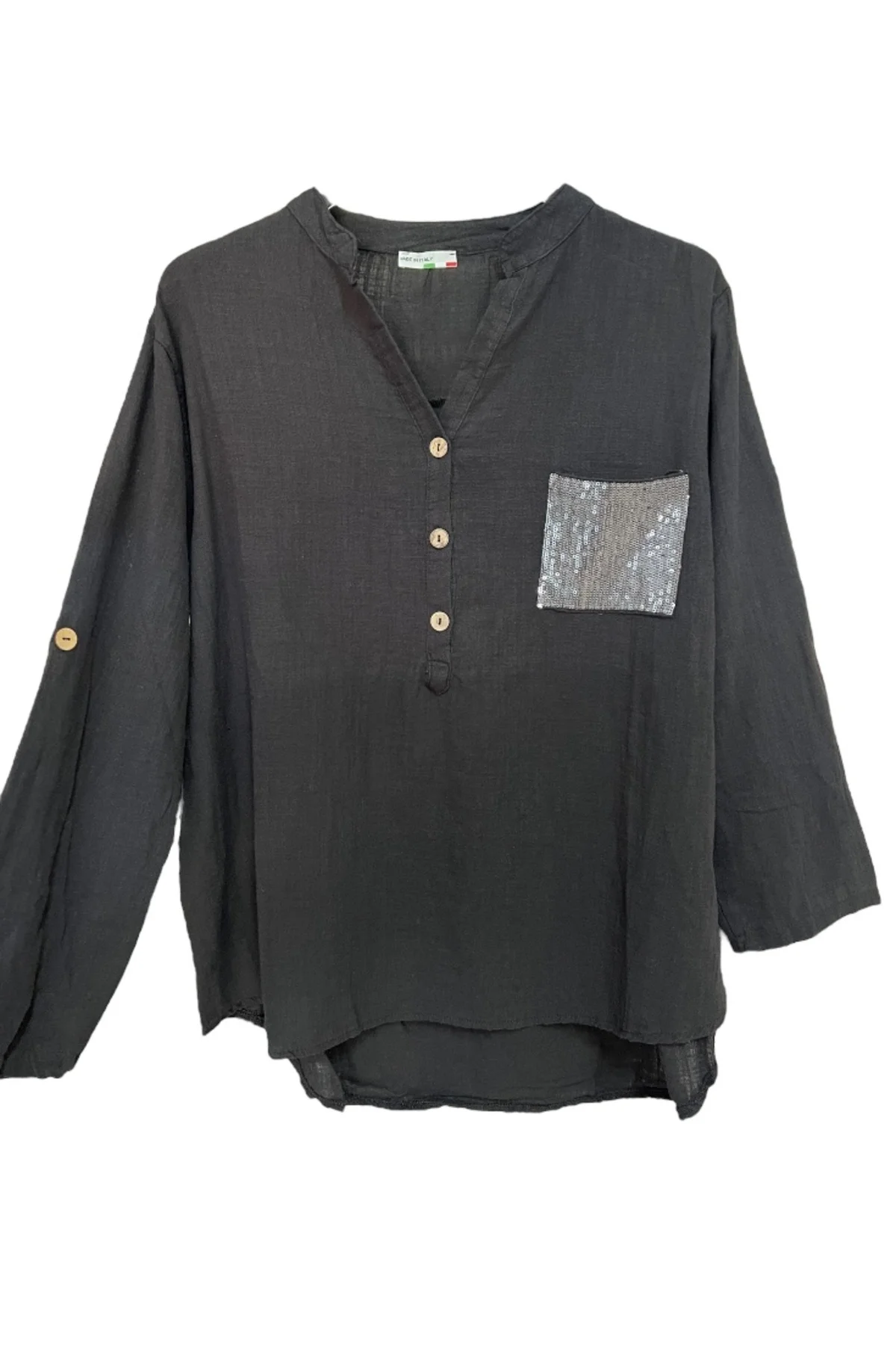 %100 Organik Pamuk Yıkamalı - Payet Cepli Rahat Kalıp Kadın Bluz