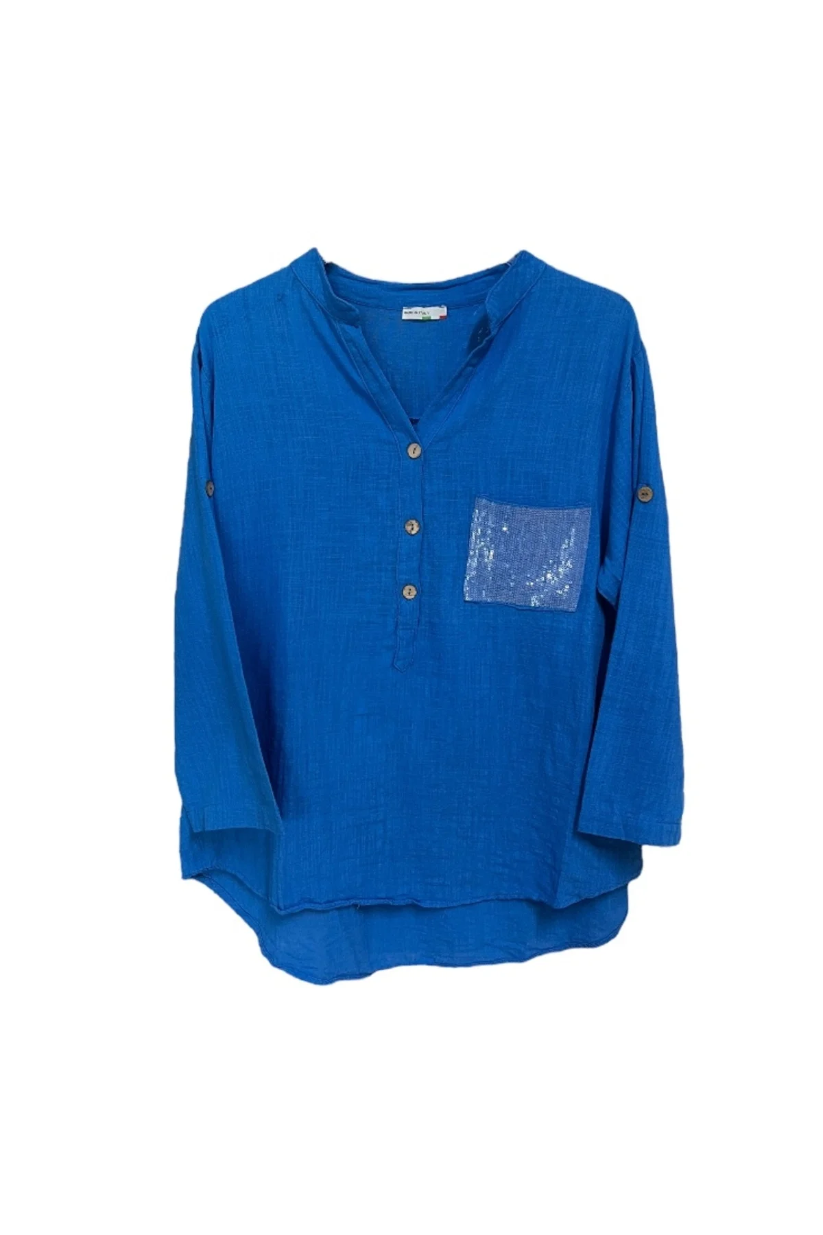 %100 Organik Pamuk Yıkamalı - Payet Cepli Rahat Kalıp Kadın Bluz