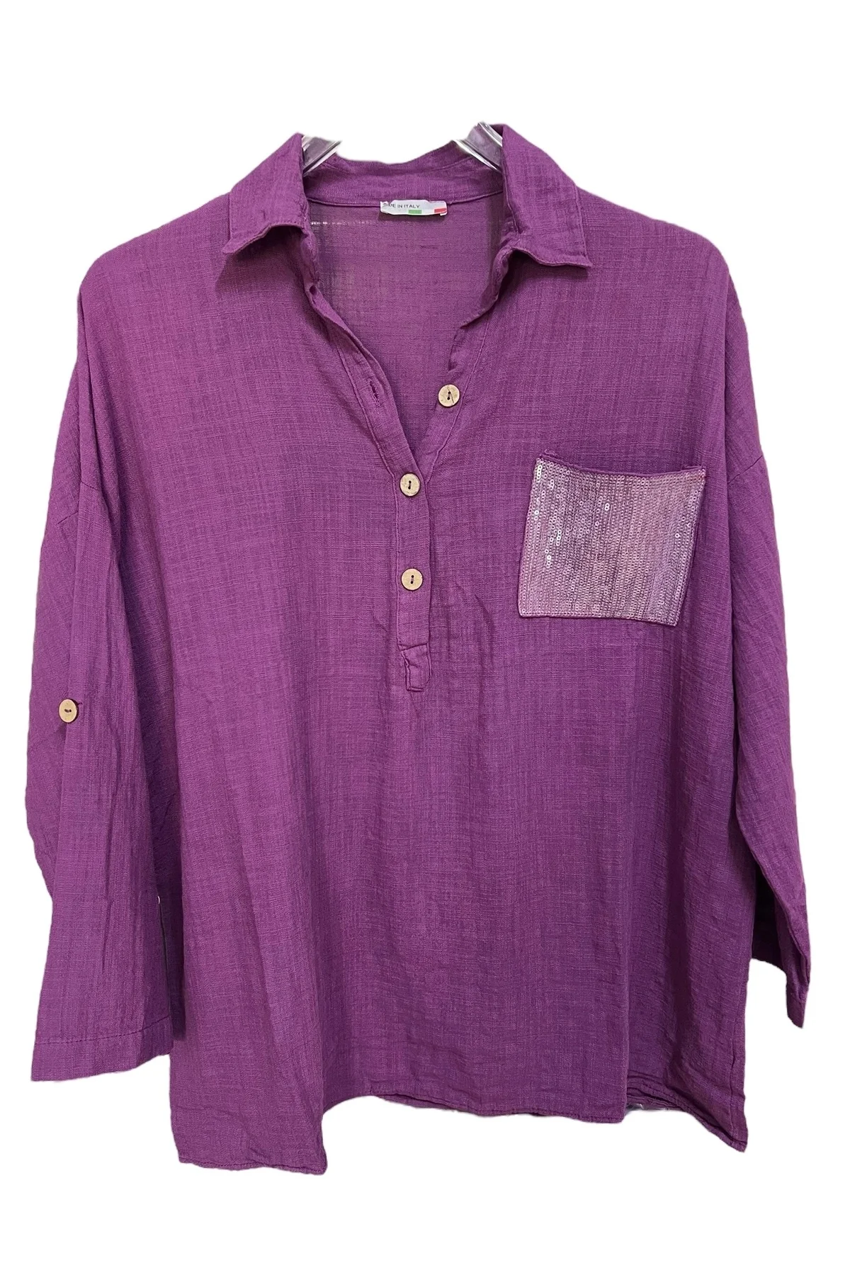 Kadın Mavi Payet Cepli Yıkamalı Gömlek yaka | %100 Organik Pamuk Rahat Kalıp Bluz