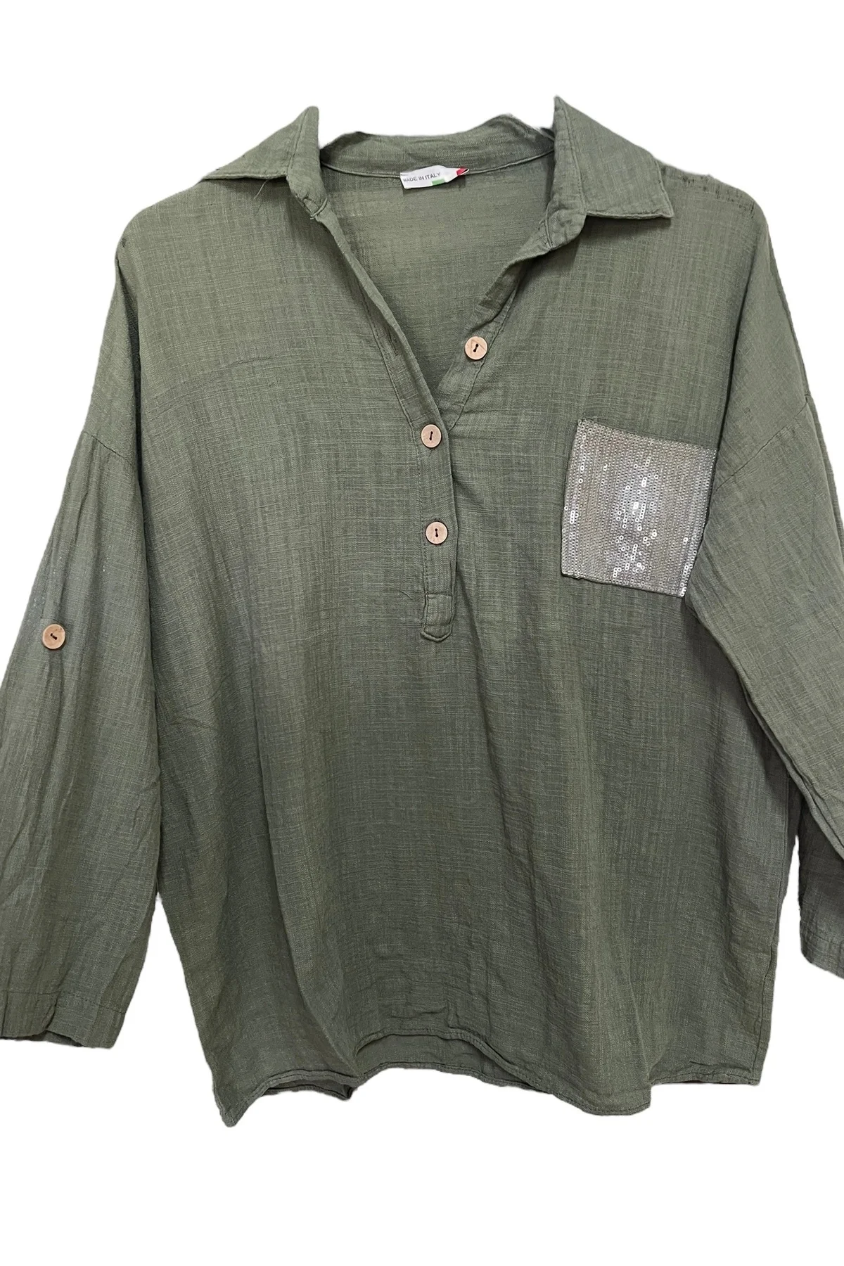 Kadın Mavi Payet Cepli Yıkamalı Gömlek yaka | %100 Organik Pamuk Rahat Kalıp Bluz