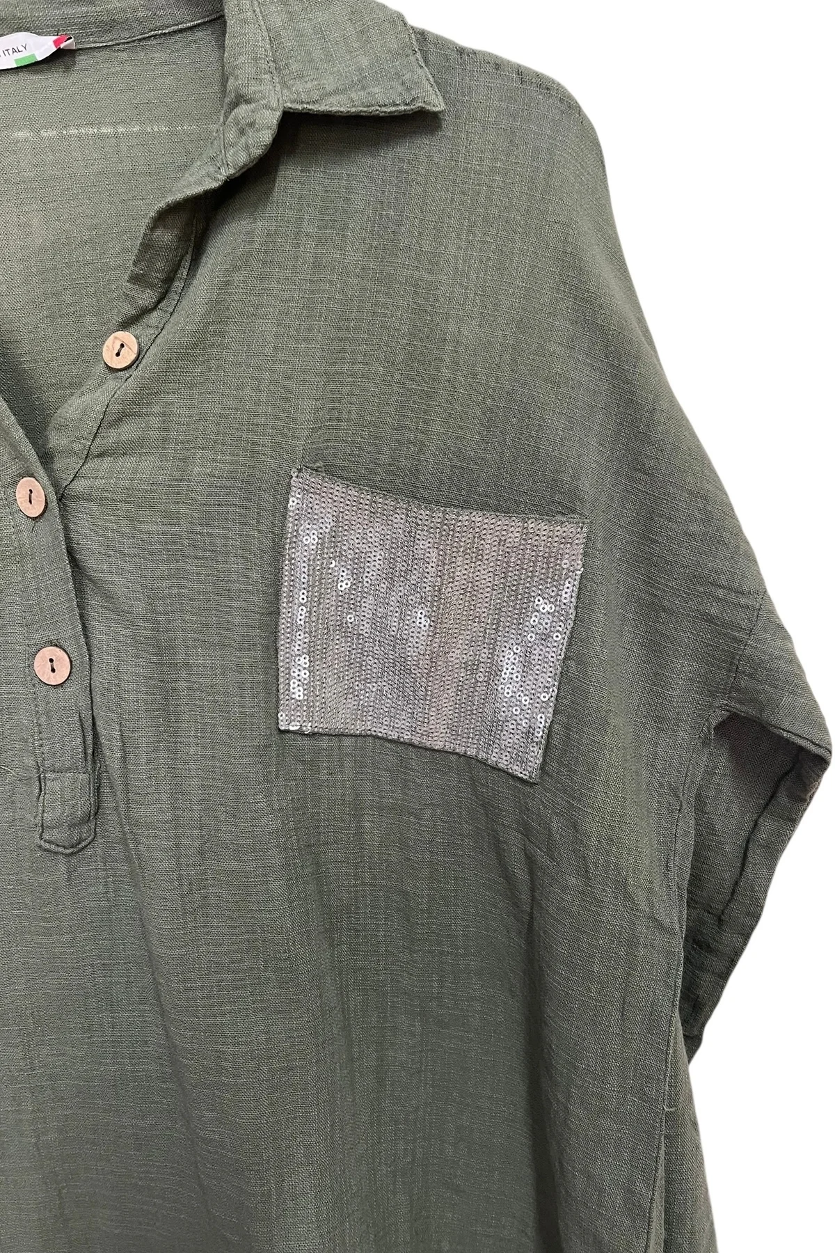 Kadın Mavi Payet Cepli Yıkamalı Gömlek yaka | %100 Organik Pamuk Rahat Kalıp Bluz