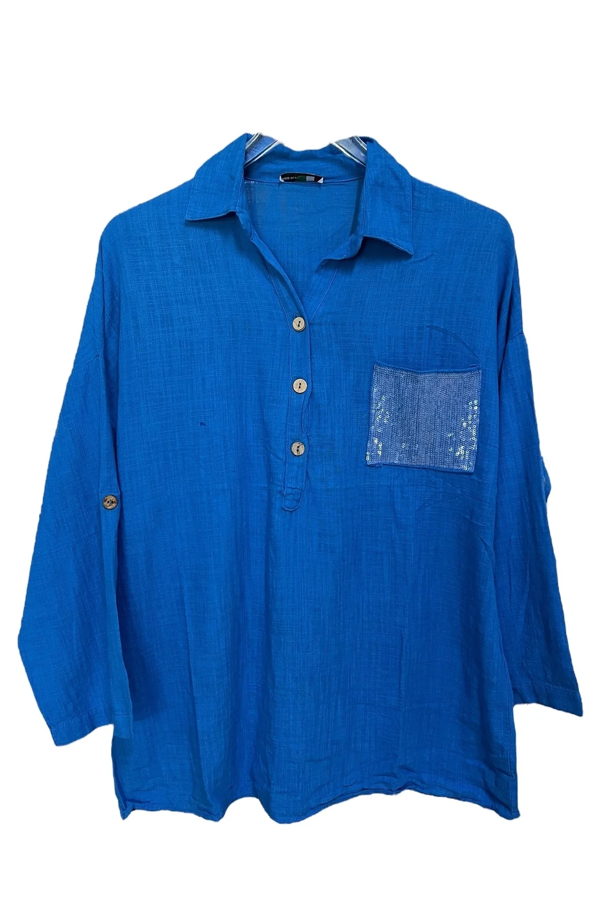 Kadın Mavi Payet Cepli Yıkamalı Gömlek yaka | %100 Organik Pamuk Rahat Kalıp Bluz