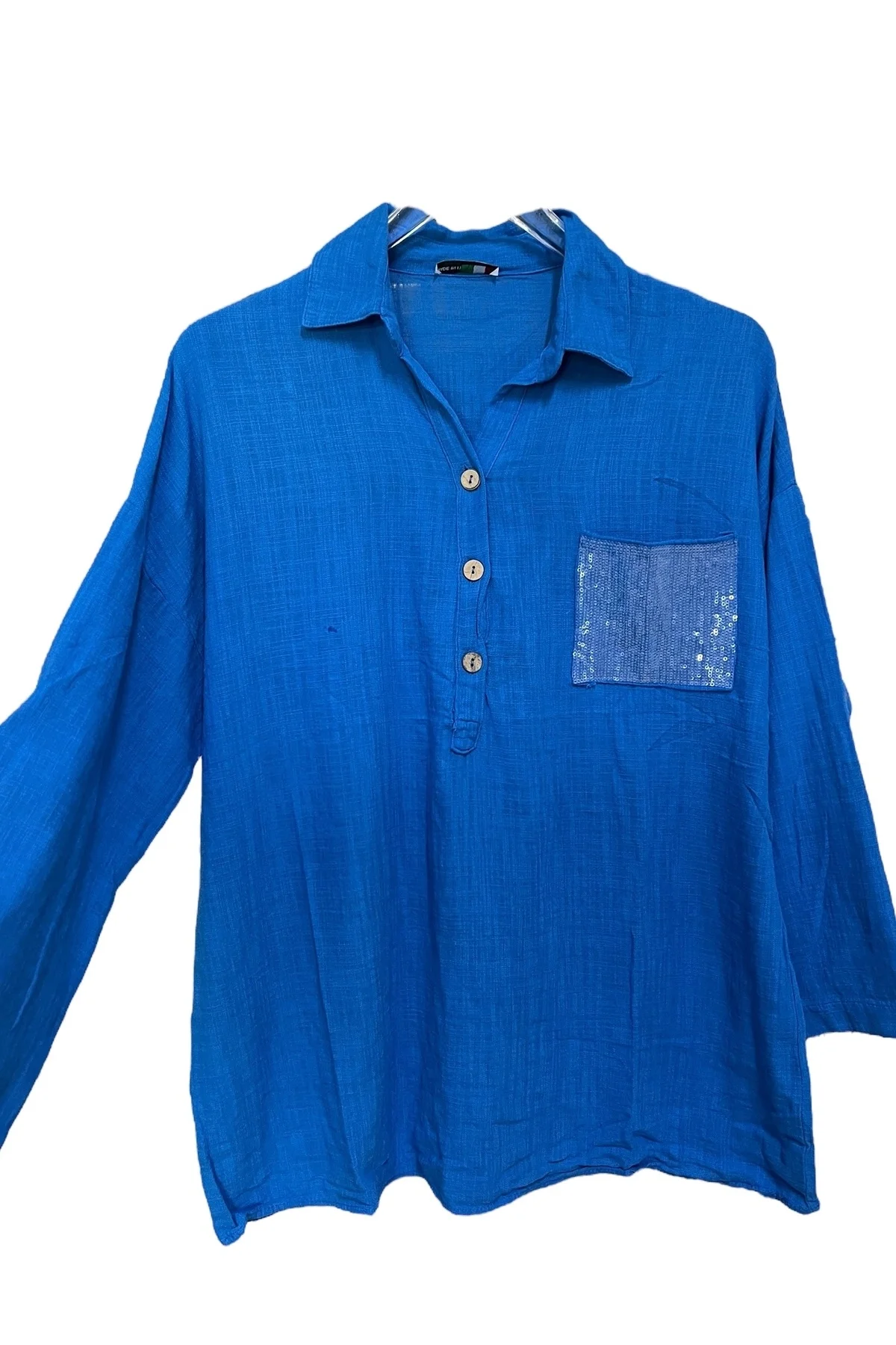 Kadın Mavi Payet Cepli Yıkamalı Gömlek yaka | %100 Organik Pamuk Rahat Kalıp Bluz