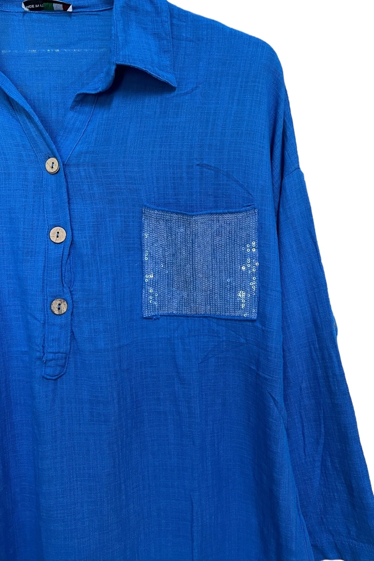 Kadın Mavi Payet Cepli Yıkamalı Gömlek yaka | %100 Organik Pamuk Rahat Kalıp Bluz