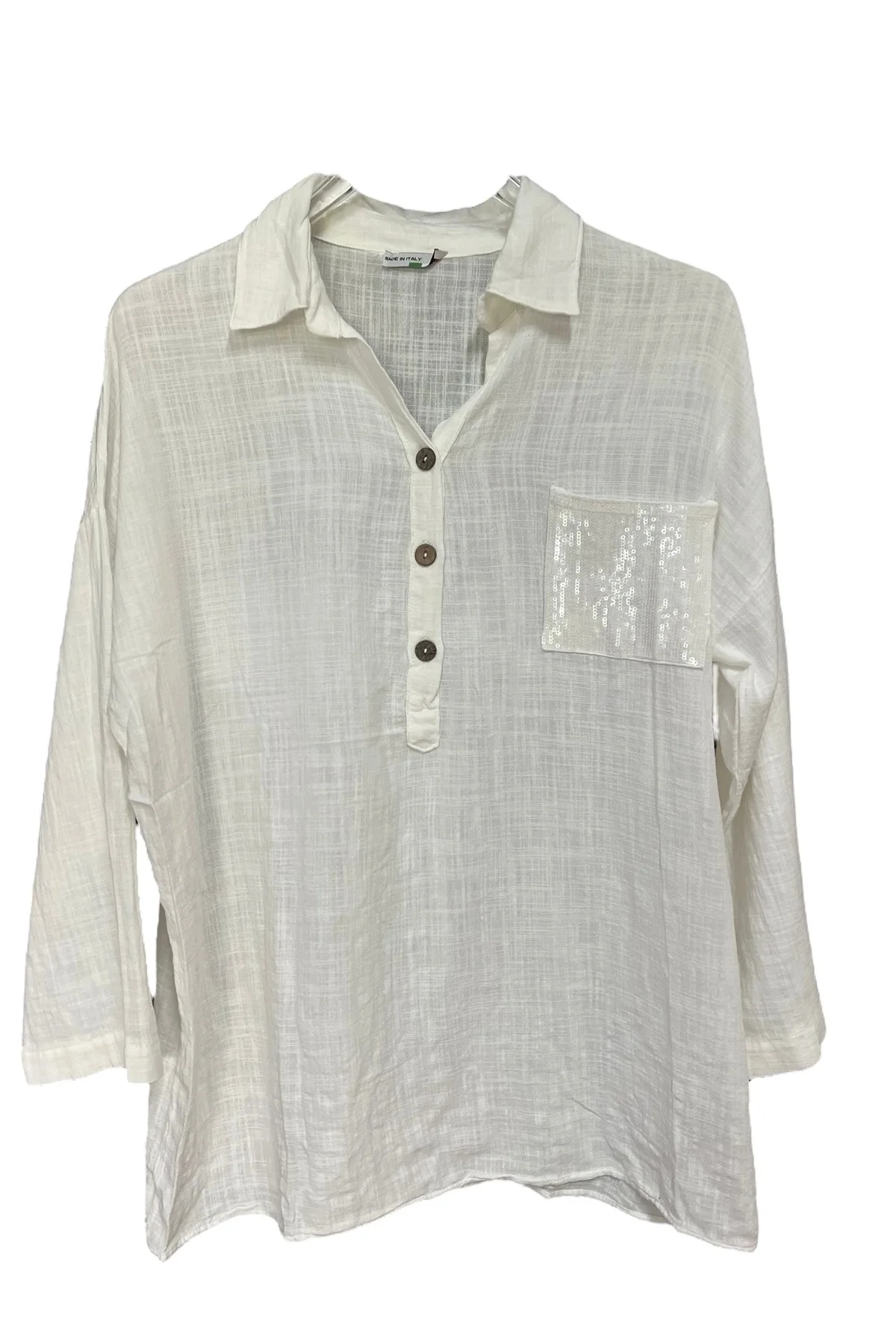 Kadın Mavi Payet Cepli Yıkamalı Gömlek yaka | %100 Organik Pamuk Rahat Kalıp Bluz