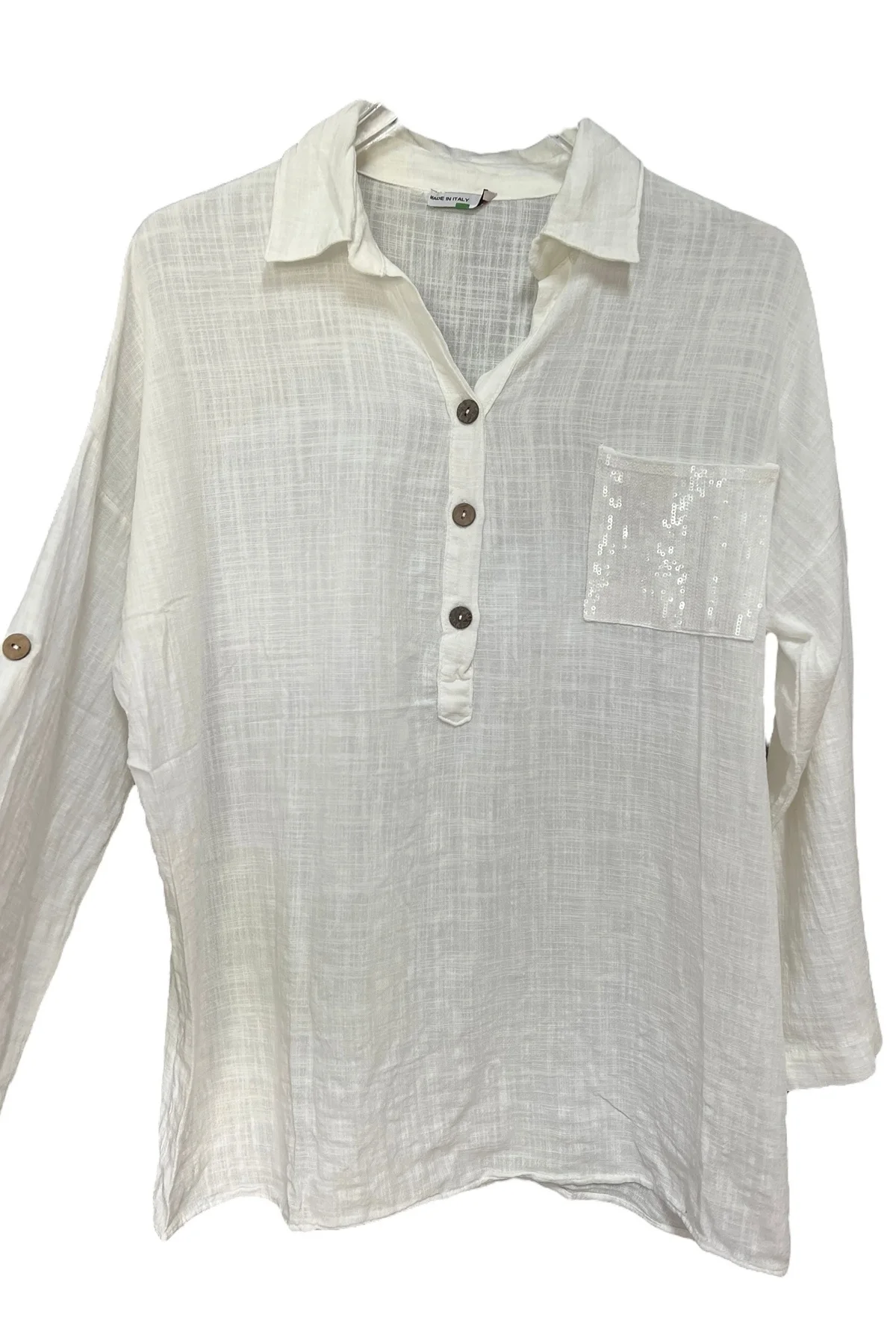 Kadın Mavi Payet Cepli Yıkamalı Gömlek yaka | %100 Organik Pamuk Rahat Kalıp Bluz