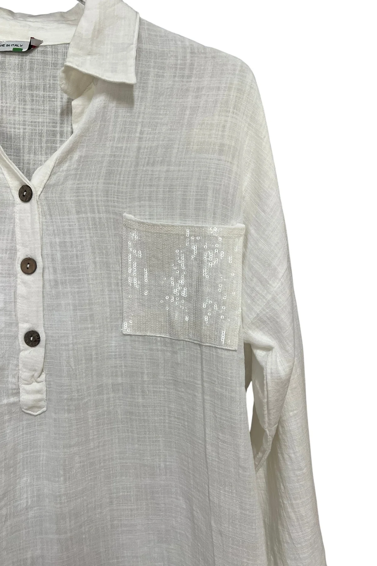 Kadın Mavi Payet Cepli Yıkamalı Gömlek yaka | %100 Organik Pamuk Rahat Kalıp Bluz