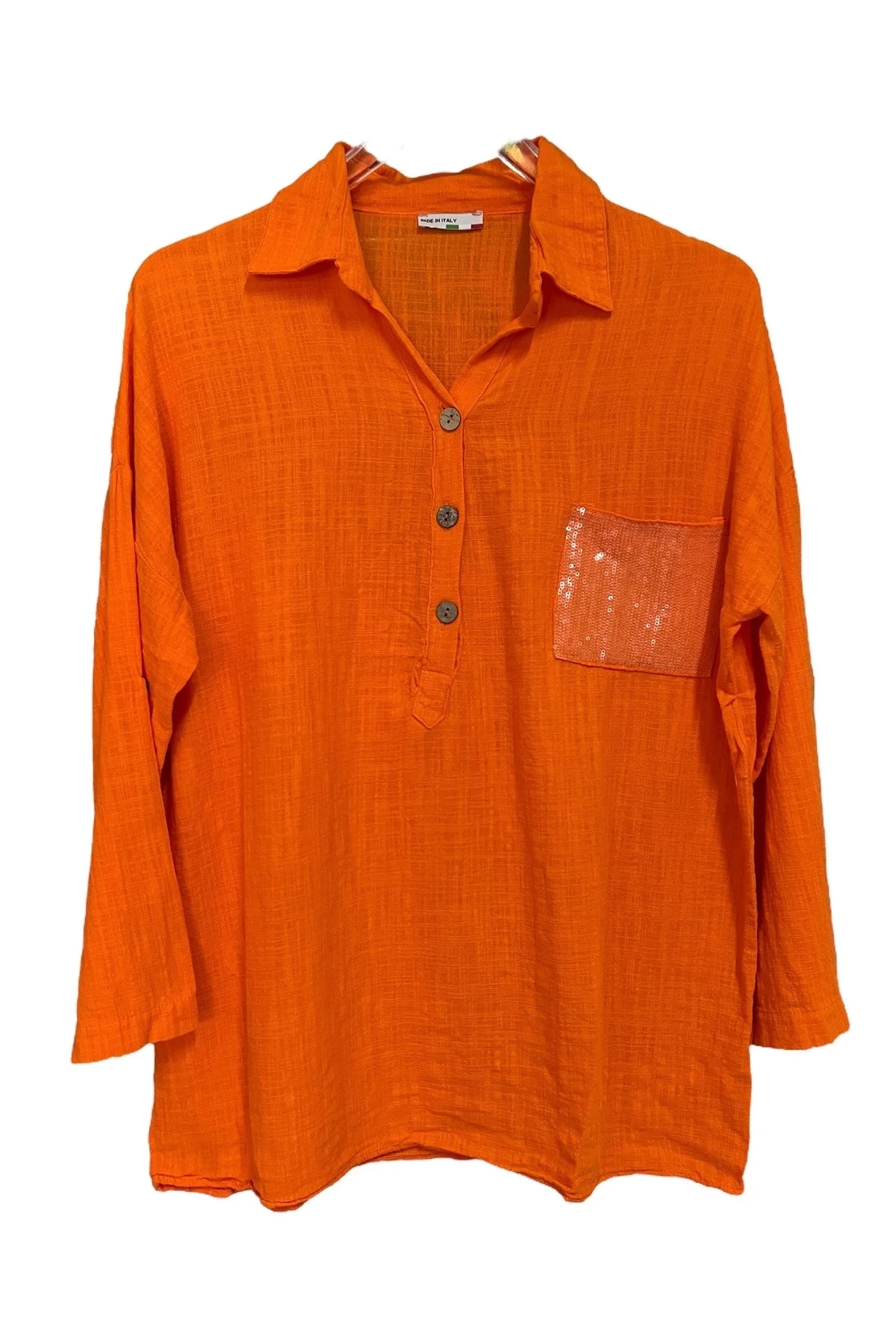 Kadın Mavi Payet Cepli Yıkamalı Gömlek yaka | %100 Organik Pamuk Rahat Kalıp Bluz