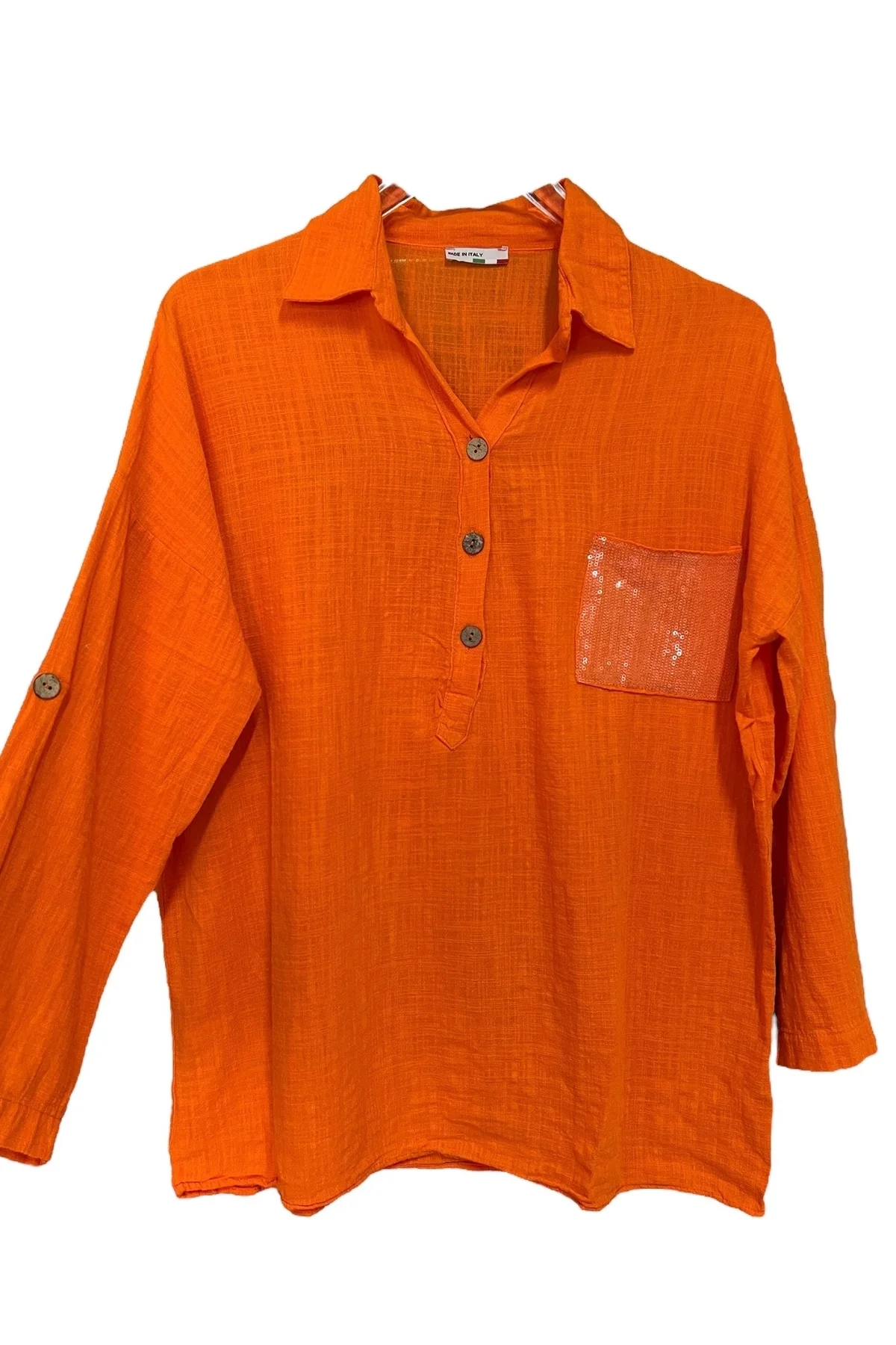 Kadın Mavi Payet Cepli Yıkamalı Gömlek yaka | %100 Organik Pamuk Rahat Kalıp Bluz