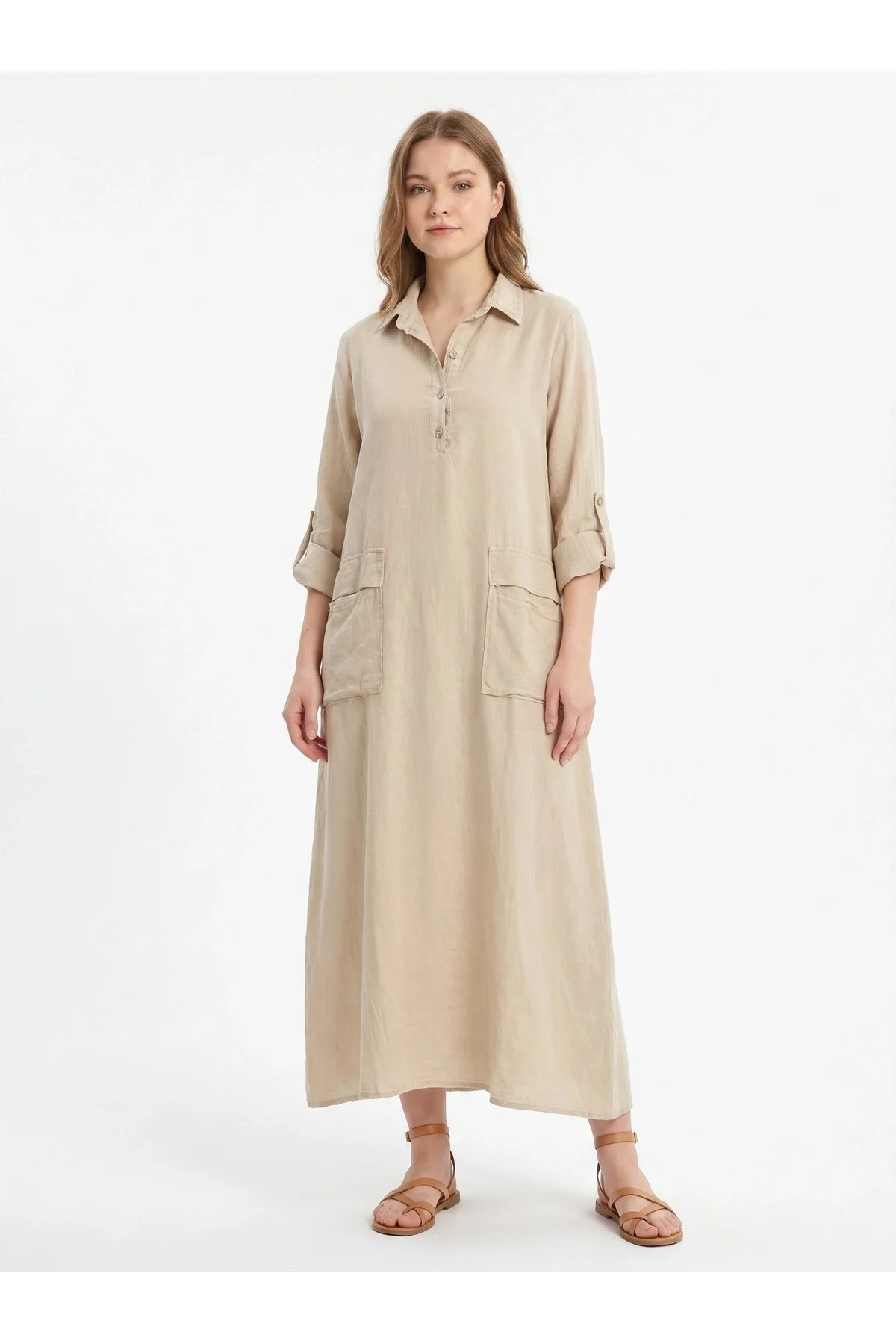 Kadın %100 Pamuk Oversize Maxi Elbise 38/48 Beden Uyumlu Cep Detaylı Rahat Kalıp