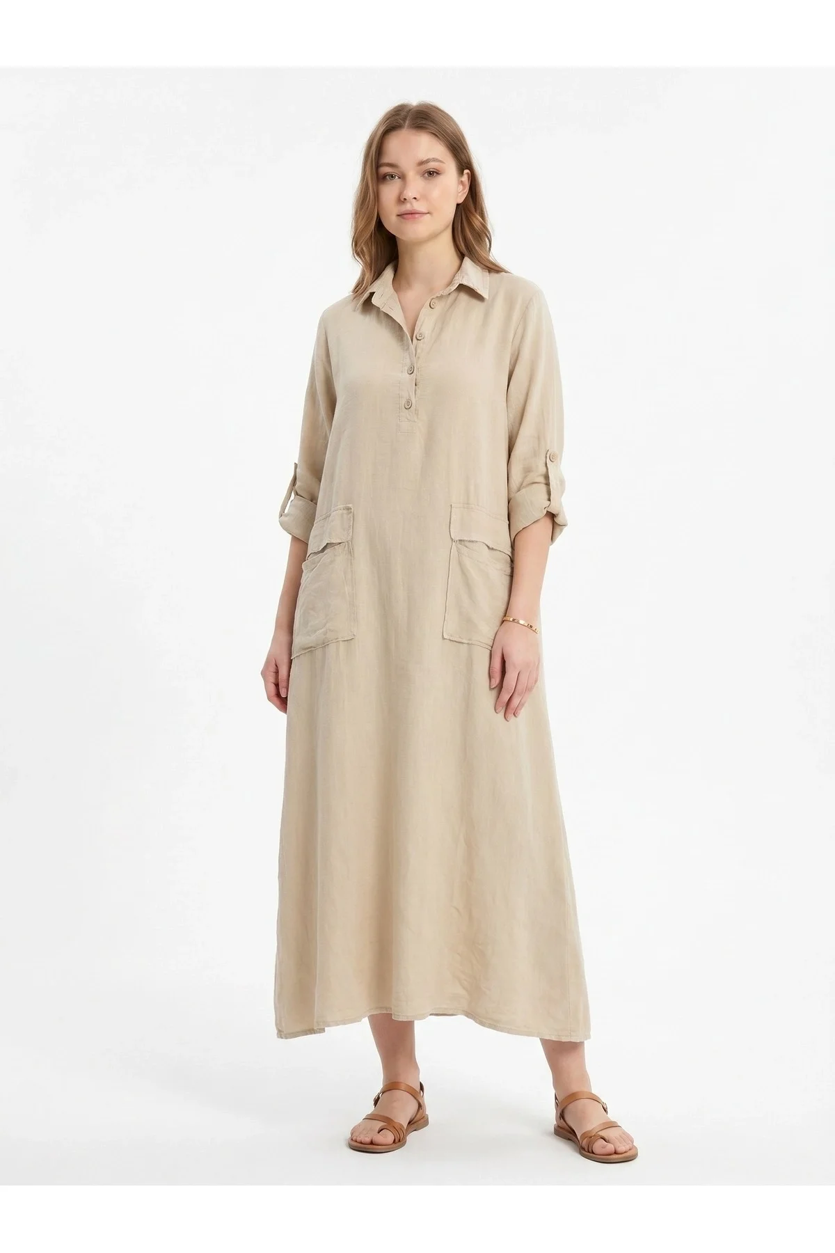 Kadın %100 Pamuk Oversize Maxi Elbise 38/48 Beden Uyumlu Cep Detaylı Rahat Kalıp