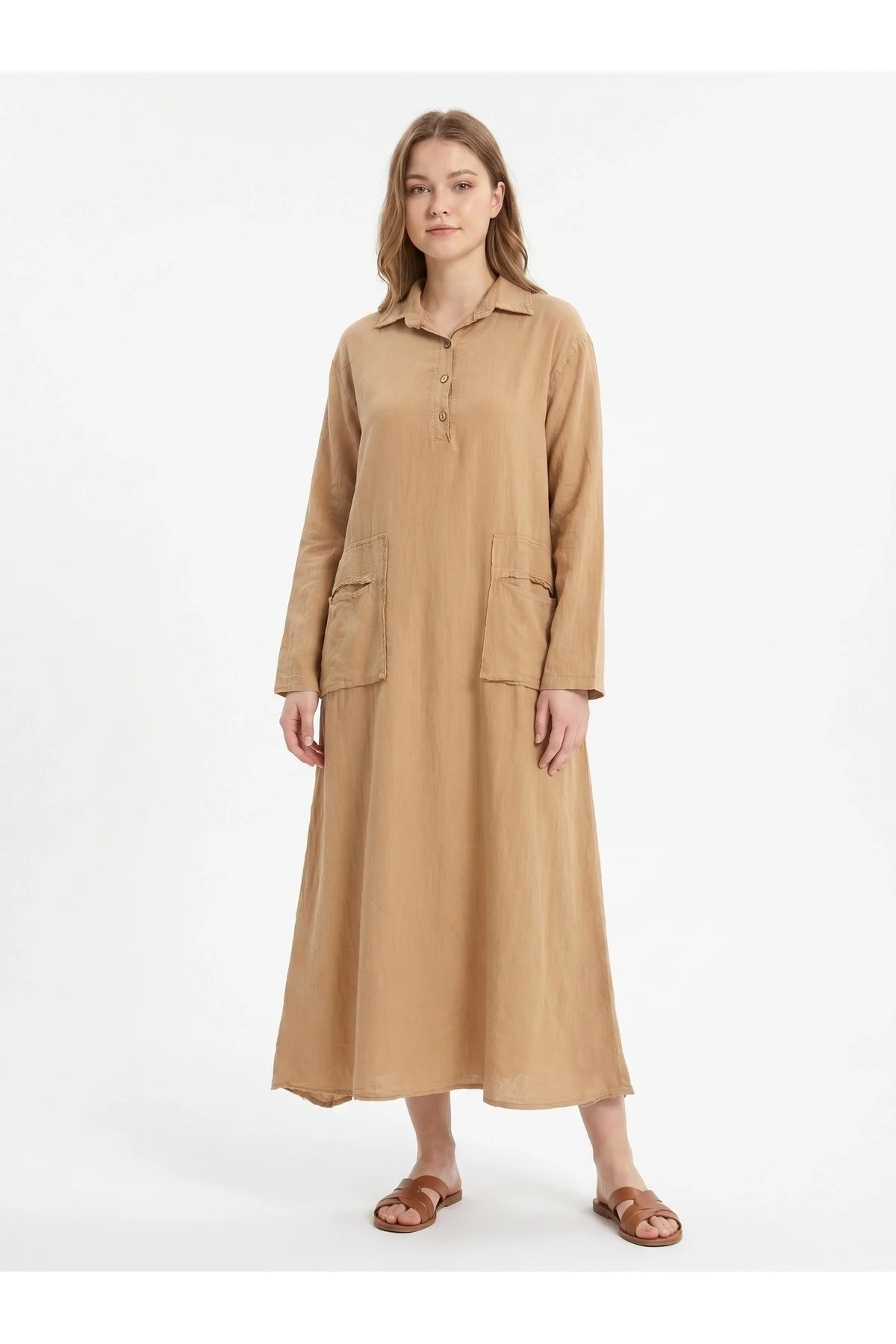 Kadın %100 Pamuk Oversize Maxi Elbise 38/48 Beden Uyumlu Cep Detaylı Rahat Kalıp