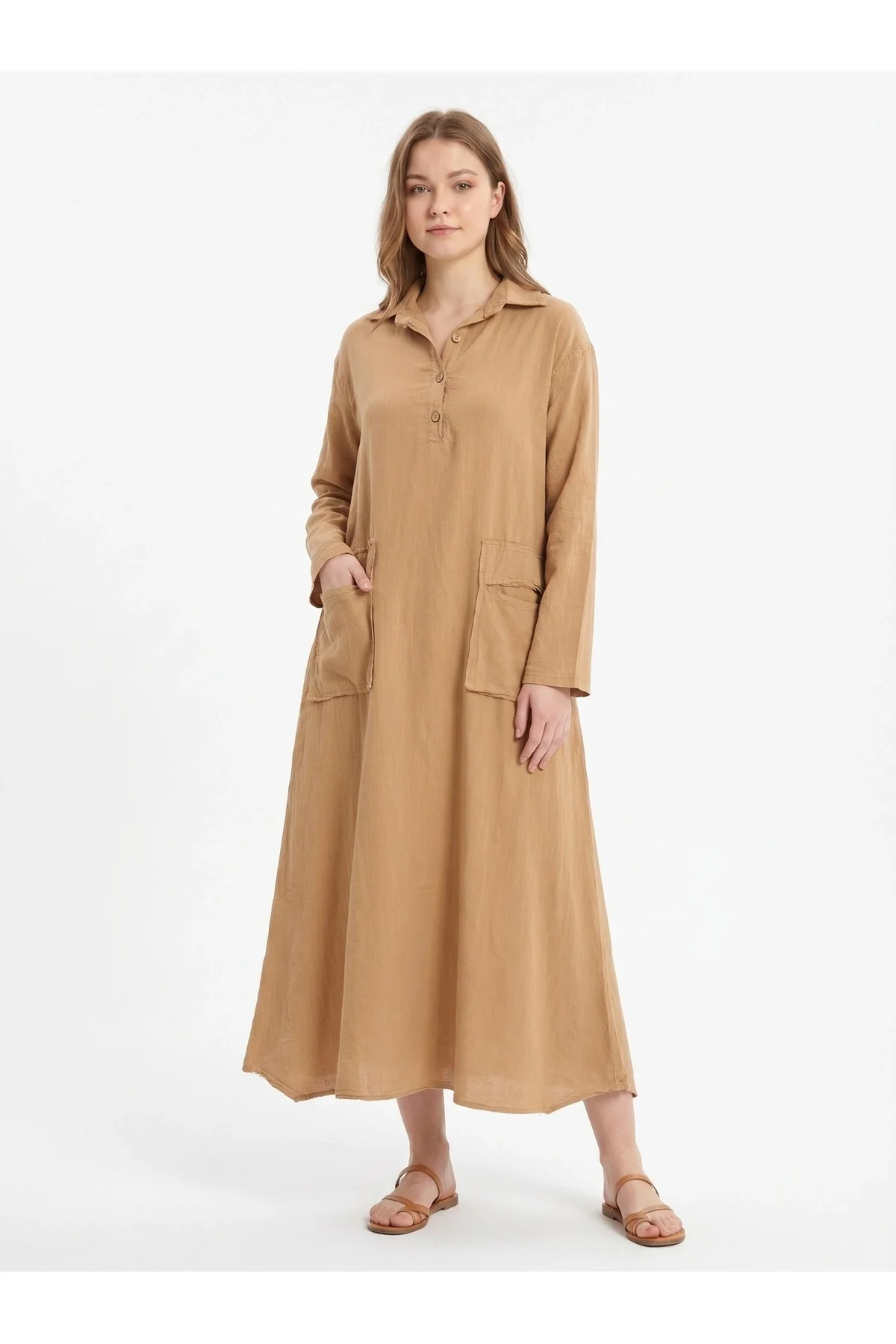 Kadın %100 Pamuk Oversize Maxi Elbise 38/48 Beden Uyumlu Cep Detaylı Rahat Kalıp