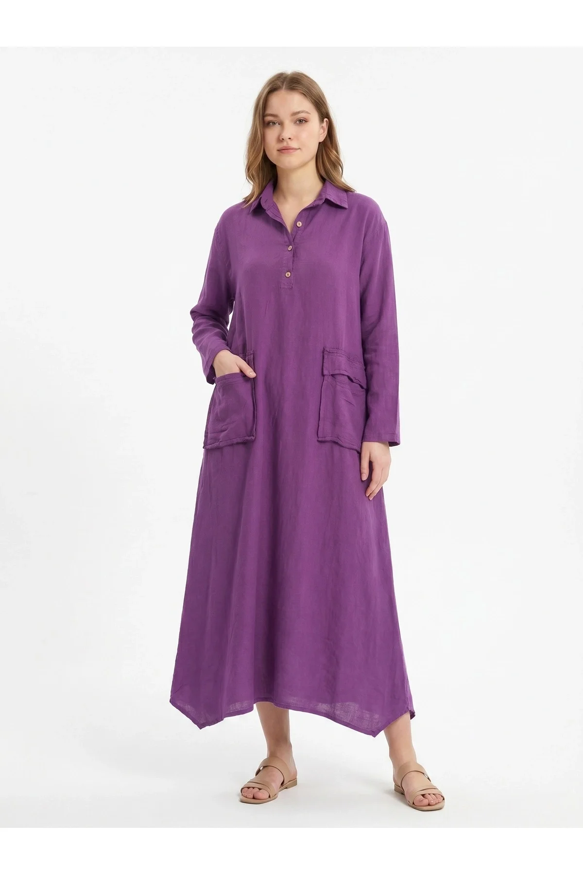 Kadın %100 Pamuk Oversize Maxi Elbise 38/48 Beden Uyumlu Cep Detaylı Rahat Kalıp