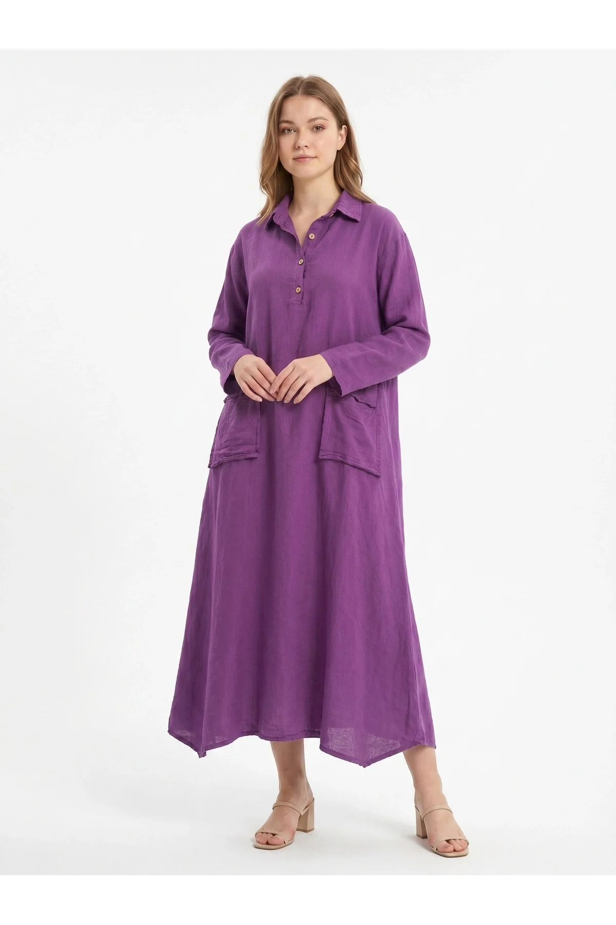 Kadın %100 Pamuk Oversize Maxi Elbise 38/48 Beden Uyumlu Cep Detaylı Rahat Kalıp