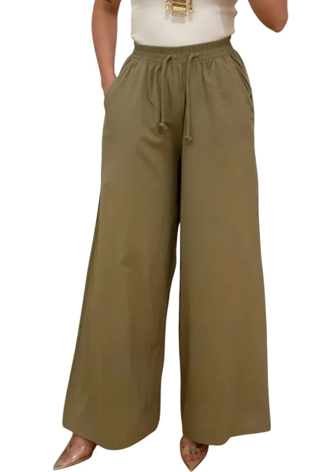 Kadın %100 Pamuk Bol Paça Pantolon Beli Lastikli
