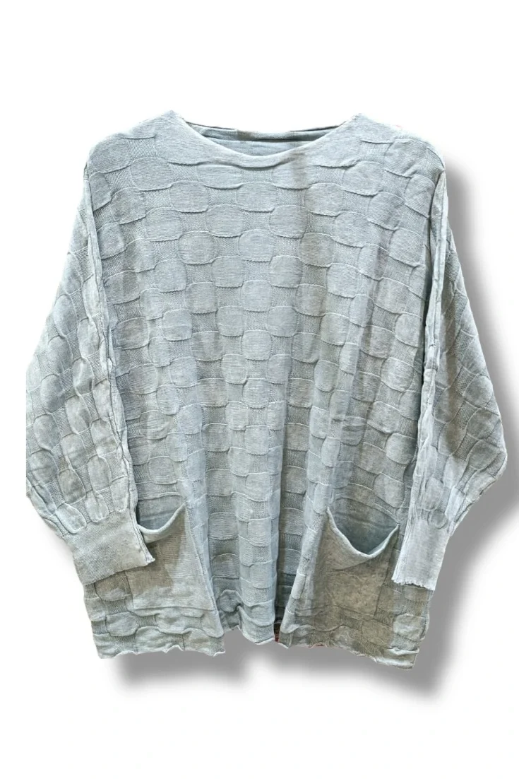 İki cepli yıkamalı kare desen pamuk triko-Gri