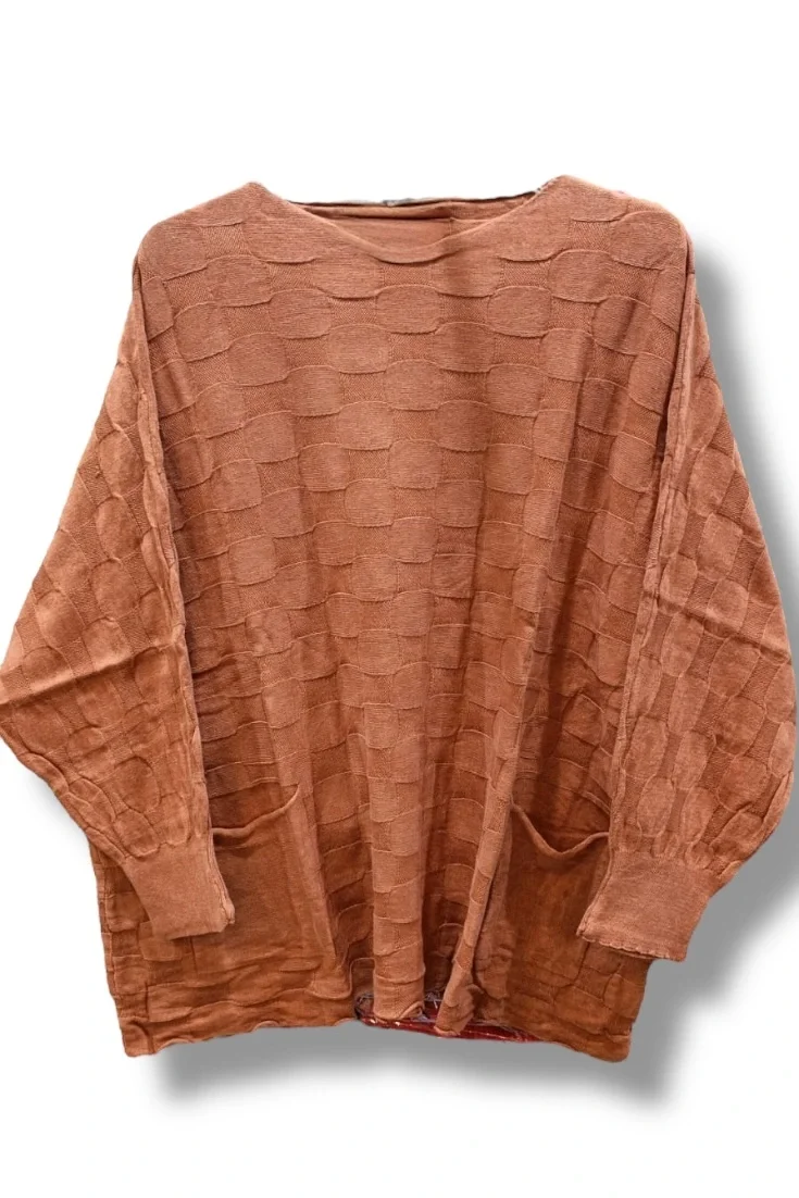 İki cepli yıkamalı kare desen pamuk triko-Kiremit