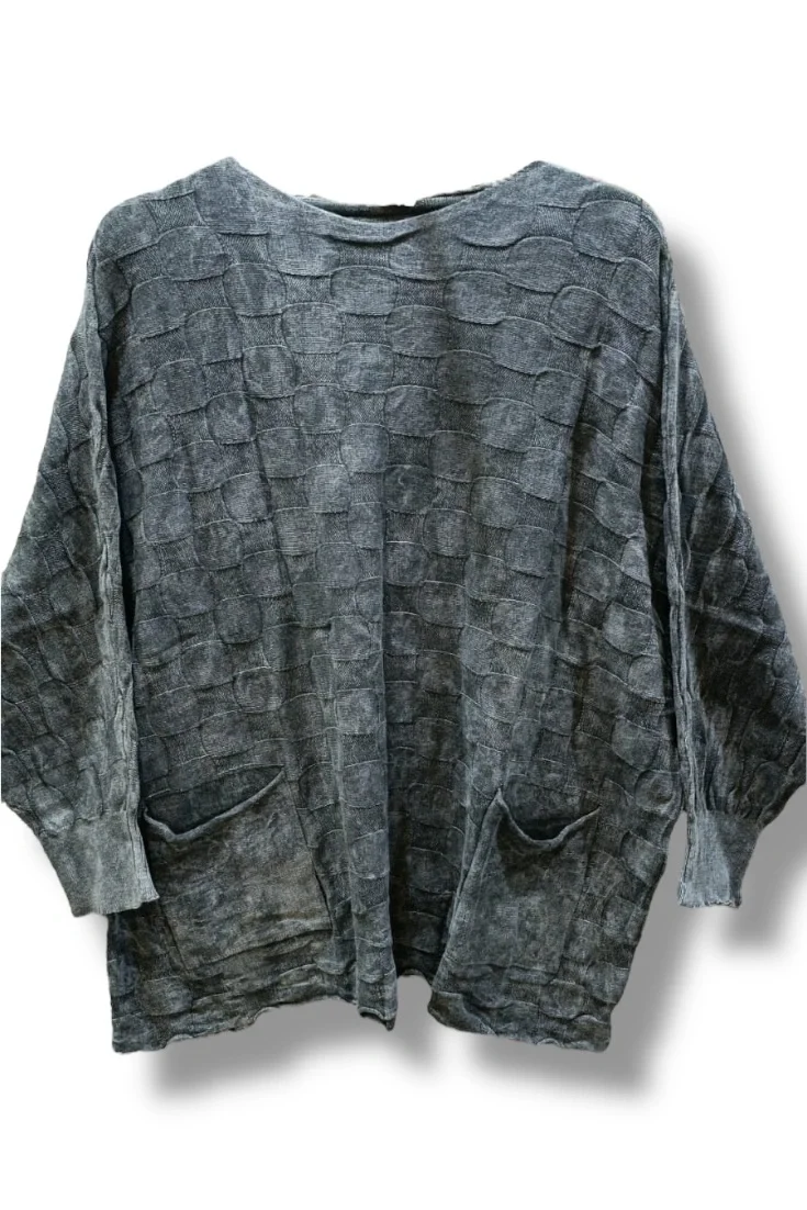 İki cepli yıkamalı kare desen pamuk triko-Antrasit