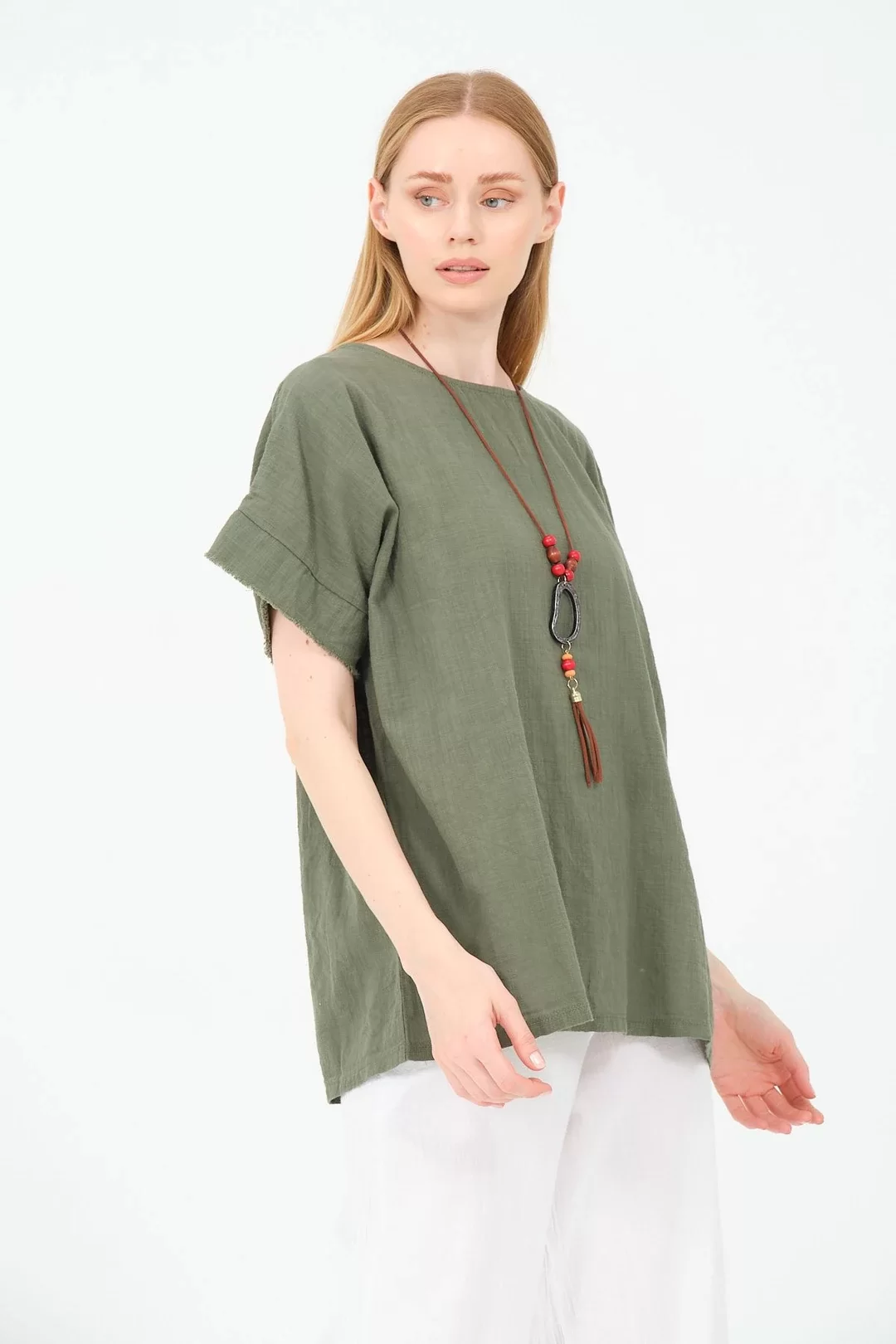 Kadın %100 Pamuklu T-Shirt (Kolye Hediyeli)-Haki