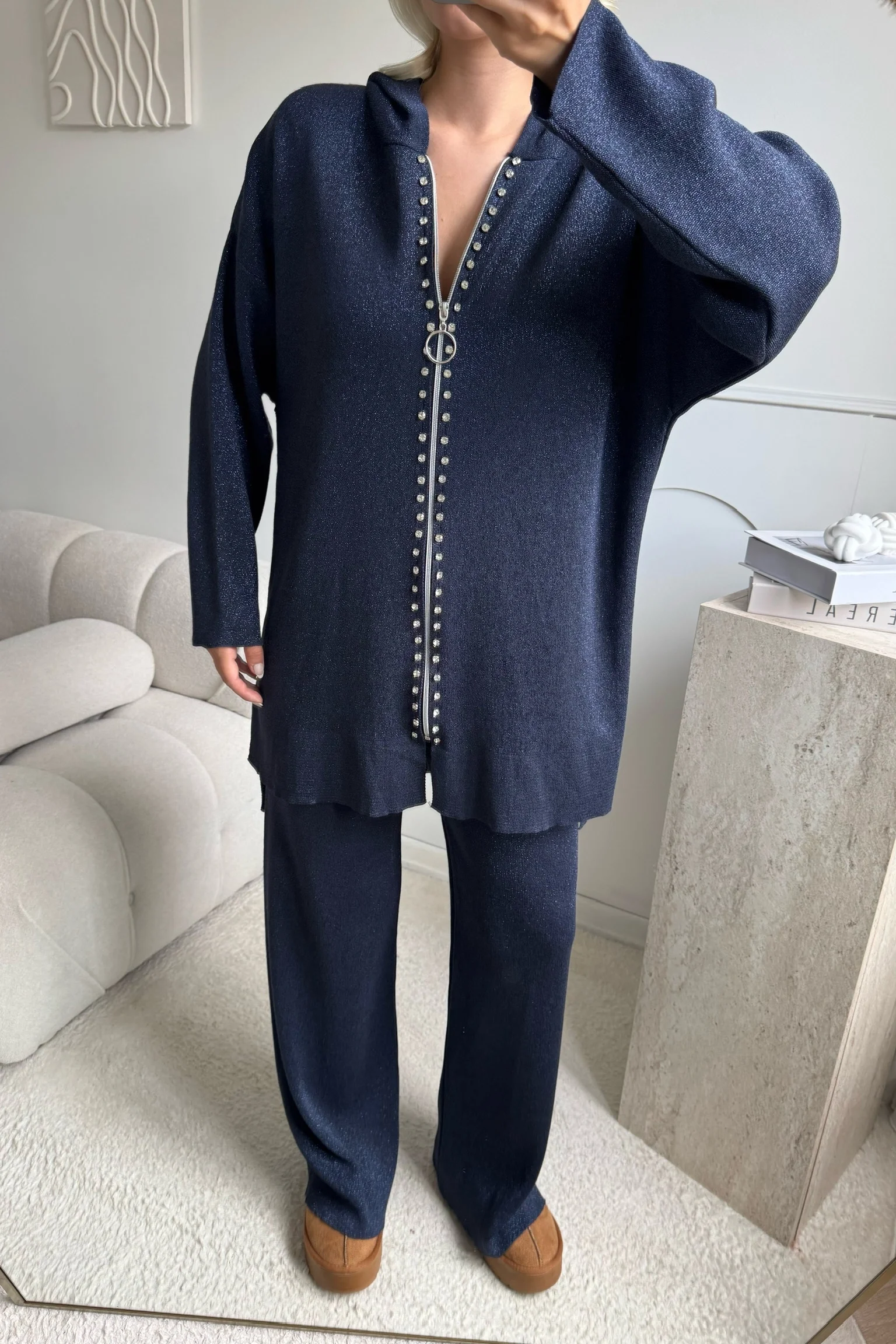 Lacivert Simli fermuarlı oversize 38/42 uyumlu triko takım