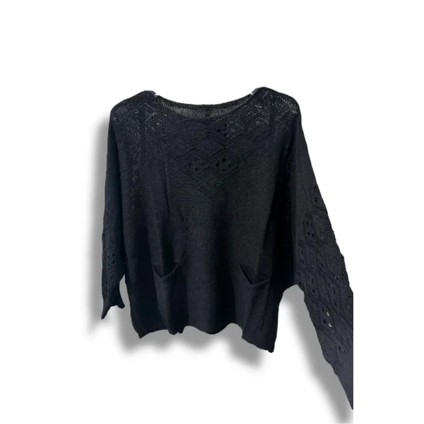 Oversize Merserize Triko Cepli ve Ajurlu Tasarım Bluz- 38-52 Beden Arası Uyumlu