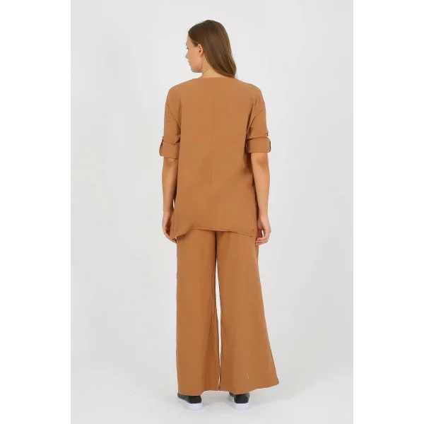 Kadın Pamuklu Büzgülü Bluz ve Pantolon Takımı-Kamel