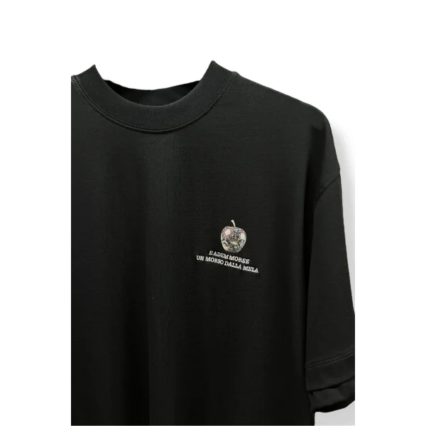 Erkek Siyah Oversize Tişört Baskılı Elma Desenli Premium Pamuk T-Shirt