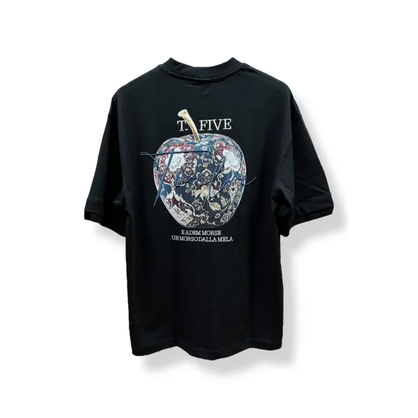 Erkek Siyah Oversize Tişört Baskılı Elma Desenli Premium Pamuk T-Shirt