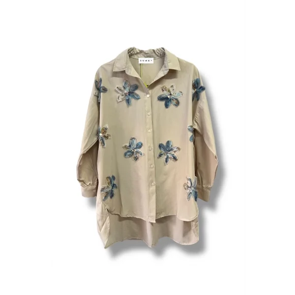 begonya çiçek figürlü oversize kadın gömlek-Bej