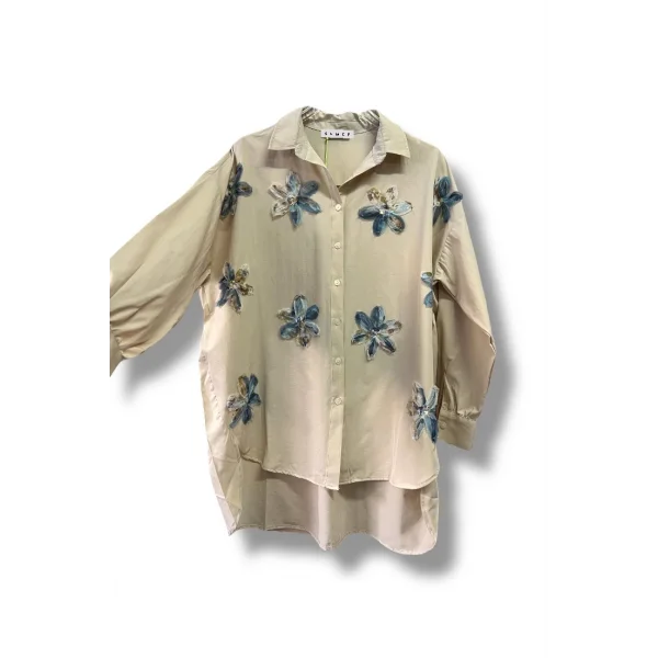 begonya çiçek figürlü oversize kadın gömlek-Bej