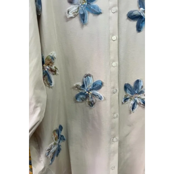 begonya çiçek figürlü oversize kadın gömlek-Bej
