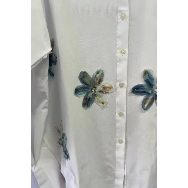 begonya çiçek figürlü oversize kadın gömlek-Beyaz