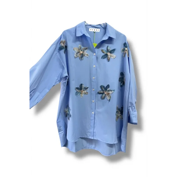 begonya çiçek figürlü oversize kadın gömlek-Mavi
