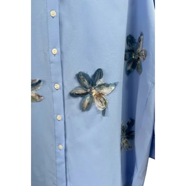 begonya çiçek figürlü oversize kadın gömlek-Mavi