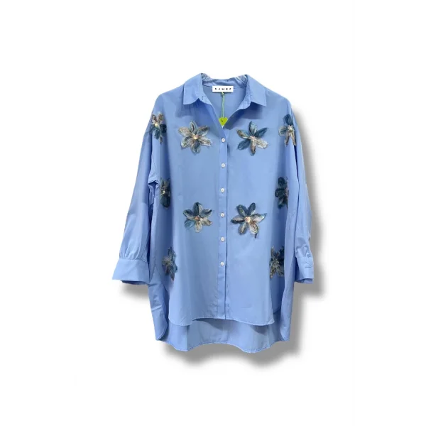 begonya çiçek figürlü oversize kadın gömlek-Mavi