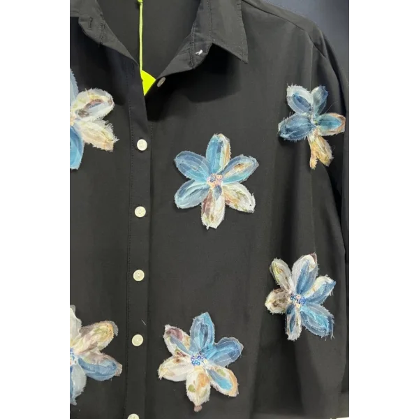 begonya çiçek figürlü oversize kadın gömlek-Siyah