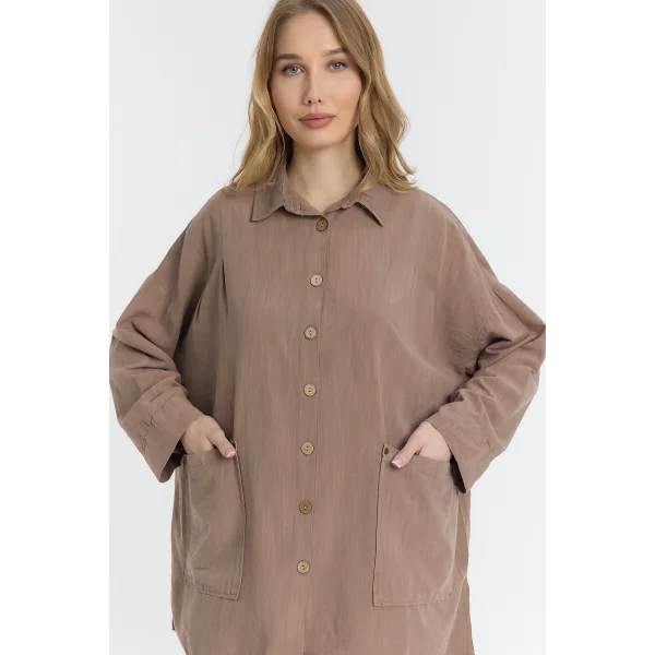 Çift cepli keten oversize italyan ikili takım-Kahverengi