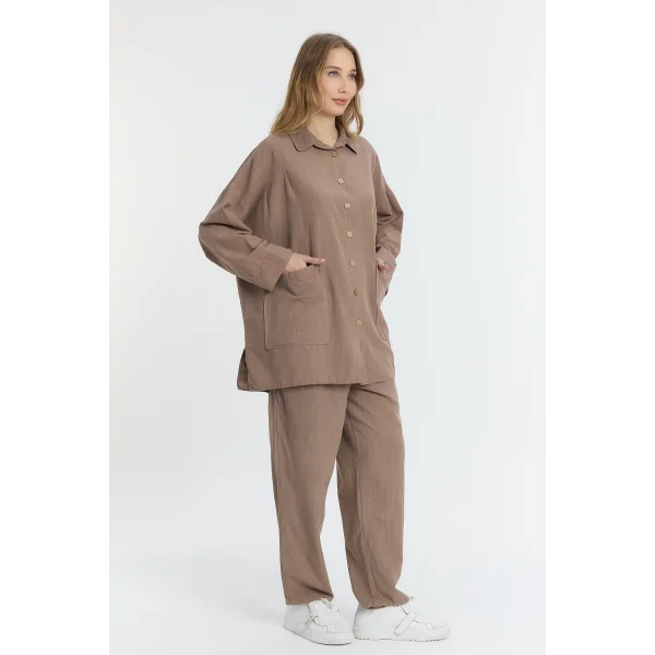 Çift cepli keten oversize italyan ikili takım-Kahverengi