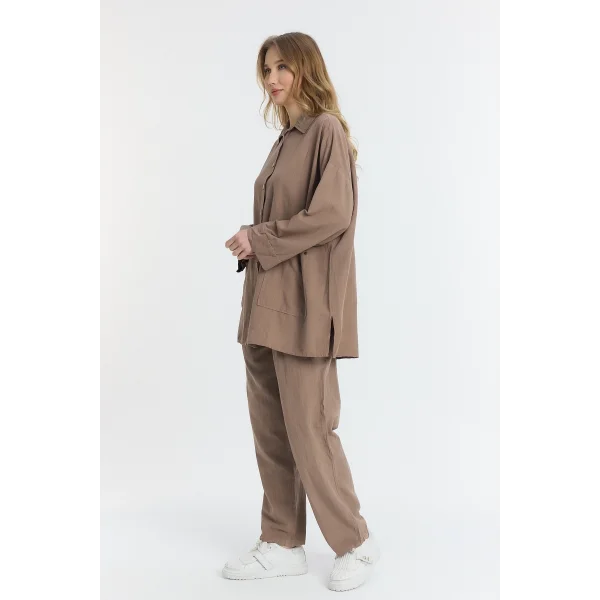 Çift cepli keten oversize italyan ikili takım-Kahverengi