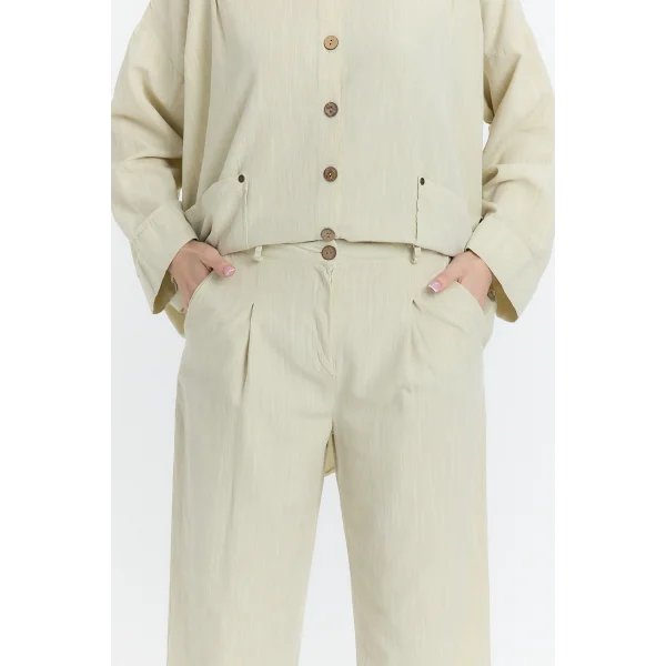 Çift cepli keten oversize italyan ikili takım-Krem
