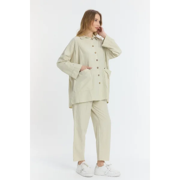 Çift cepli keten oversize italyan ikili takım-Krem