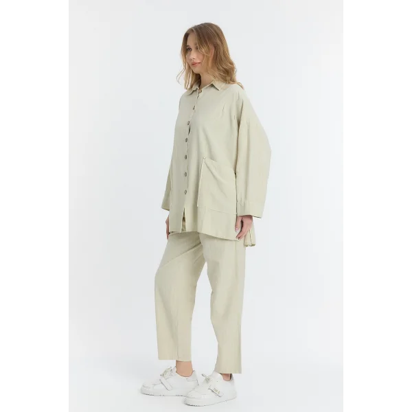 Çift cepli keten oversize italyan ikili takım-Krem